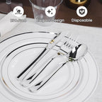 350PCS Silver Plastic Plates Dinnerware Set, Thanksgiving Disposable Plates, 50 Dinner and 50 Dessert Plates, 50 Pre Rolled Napkins with Silverware and 50 Cups for Party and Wedding