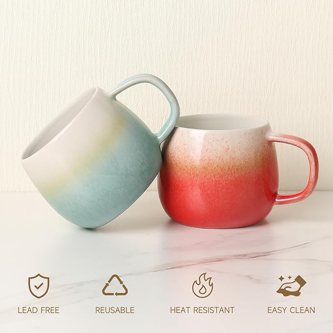 Ceramic Coffee Mugs Set of 2, 11oz, Microwave & Dishwasher Safe, Cute Round Cups for Coffee, Tea, Latte, Cocoa - Perfect for Home, Office, and Gifting