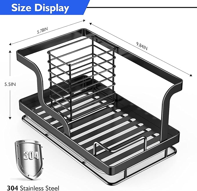 BSKSSK Sink Caddy - Kitchen Sink Organizer with Sponge, Dish Soap, Scrubber & Drain Pan Holder - Black