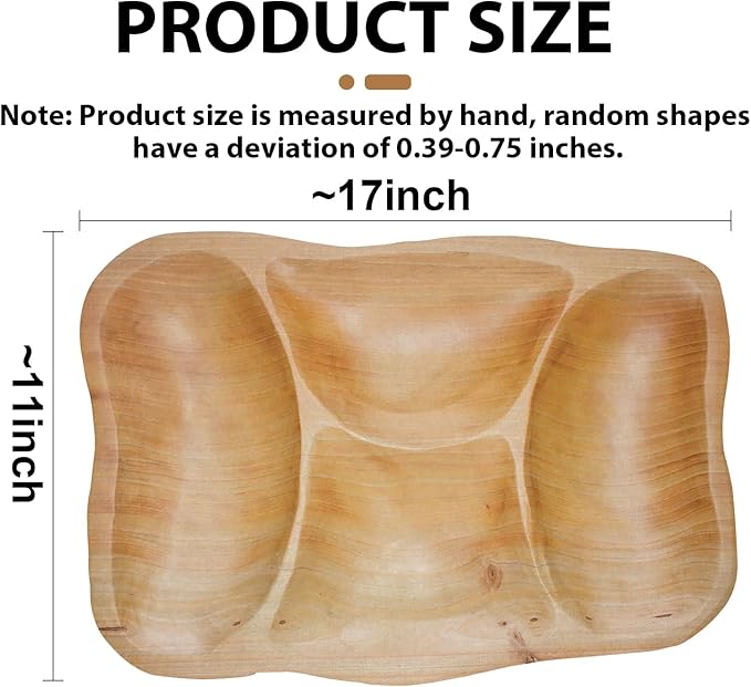 BTEOBFY Natural Wood 4-Compartment Divided Fruit Tray, Live Edge Handmade Serving Platter for Snacks, Sandwiches, Appetizers, Unique Hand-Carved Rustic Design