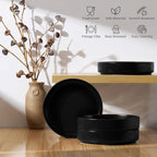 E-far Pasta Bowls Set of 4, 35oz Large Salad Bowl Plate for Dinner Serving Soup, Wide & Shallow Ceramic Stoneware Pasta Plates, Microwave & Dishwasher Safe, Reactive Glaze Texture-Stripe, Matte Black