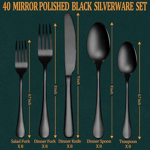 40 Pcs Black Silverware Set, Stainless Steel Flatware Set for 8, Food-Grade Cutlery Set, Mirror Polished Tableware Eating Utensils Set for Home Kitchen, Include Knife Fork Spoon Set, Dishwasher Safe