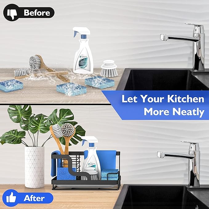 BSKSSK Sink Caddy - Kitchen Sink Organizer with Sponge, Dish Soap, Scrubber & Drain Pan Holder - Black