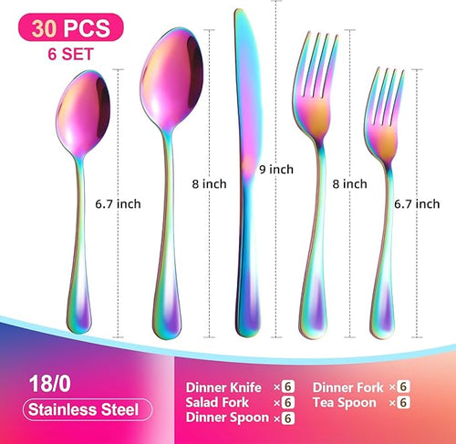 30 Piece Silverware Set, Flatware Cutlery Set for 6, 18/0 Stainless Steel Silverware, Durable Home Kitchen Eating Tableware Set,Restaurant, Wedding, Party,Dishwasher Safe