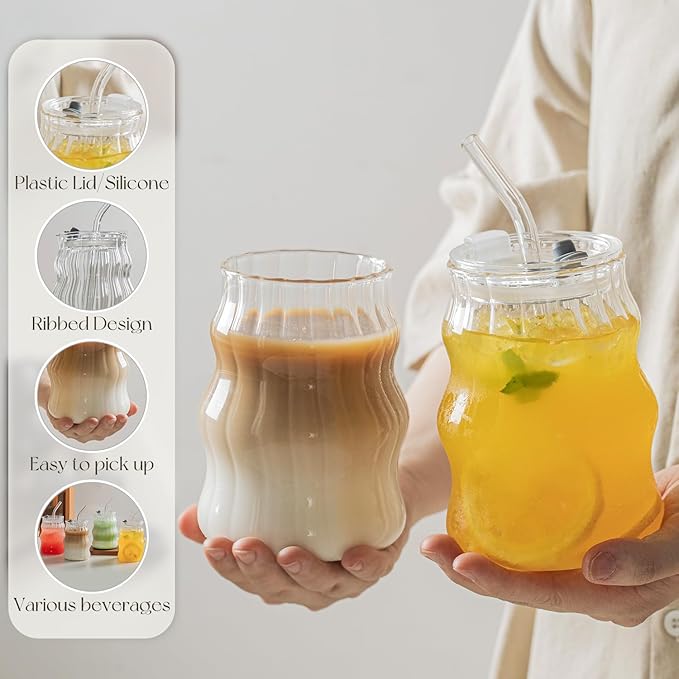 Ribbed Glass Cups with Lids and Straws – Unique Glasses for Iced Coffee, 18oz Vintage Design, Ideal Wavy Coffee Cups with Straws, Bubble Glass Aesthetic, Clear Ribbed Glasses