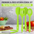 Kaluns Silicone Kitchen Utensils Set 24 Pcs Silicone Cooking Utensils Set - Can Opener, Masher, Turner, Spatula 446°F Heat Resistant Non-Stick - Premium Silicone and Stainless Steel Utensil Set