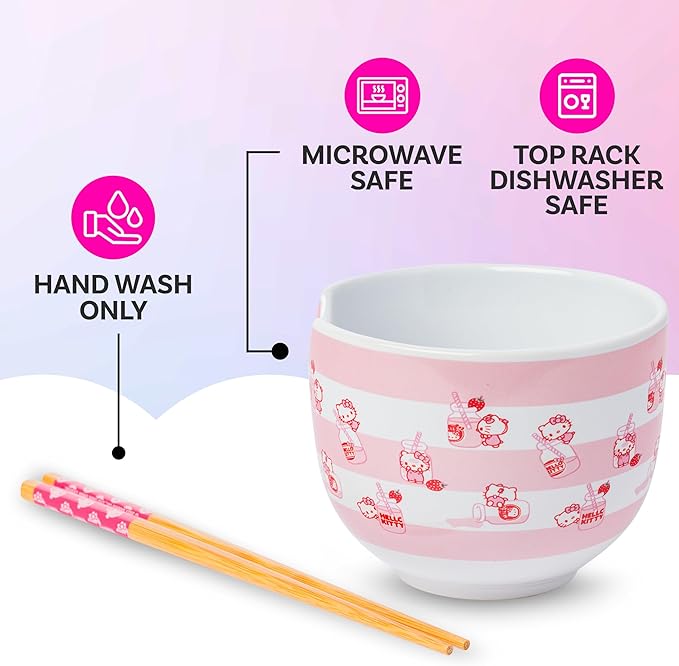 Silver Buffalo Sanrio Hello Kitty Strawberry Milk Pattern Ceramic Ramen Noodle Rice Bowl with Chopsticks, Microwave Safe, 20 Ounces
