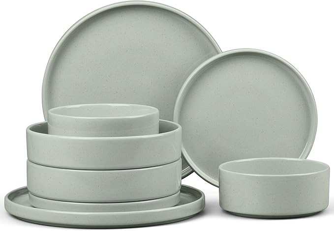 E-far 8-Piece Plates and Bowls Sets - Stoneware Dinnerware Sets with Pasta Bowls for 2 | Microwave & Dishwasher Safe Kitchen Modern Dish Set, Speckled Green