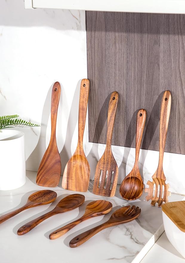 Nucookery Wooden Cooking Utensils Set with Holder, Teak Wood Utensils, Ceramic Holder for Countertop with Protection Cork Bottom, Nonstick Spoons, Cooking Spatula Set, 10 Pcs Kitchen Decor, (Black)