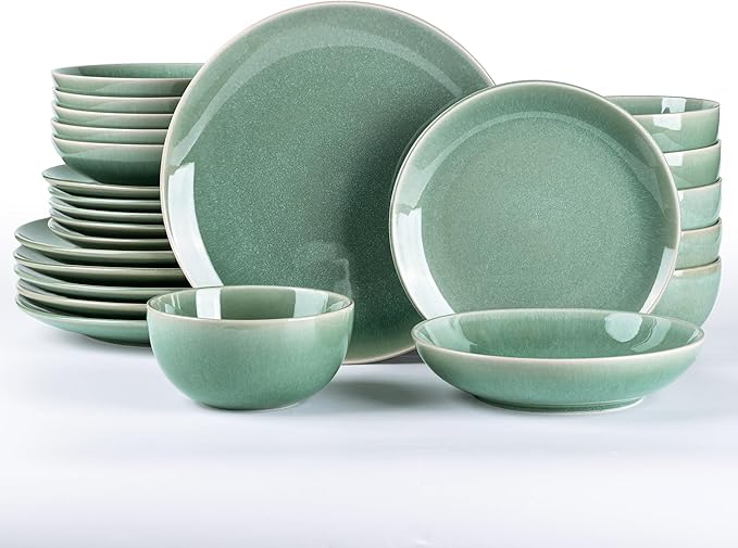 GBHOME Dinnerware Sets with Double Bowls for 6, 24 Pieces Stoneware Plates and Bowls Set, Scratch Resistant Ceramic Dishes Set, Dishwasher & Microwave Safe-Malachite Green