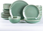 GBHOME Dinnerware Sets with Double Bowls for 6, 24 Pieces Stoneware Plates and Bowls Set, Scratch Resistant Ceramic Dishes Set, Dishwasher & Microwave Safe-Malachite Green