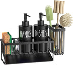 MASADI Kitchen Dish Soap Dispenser Set with Sponge Holder, 12OZ Glass Bottle, Hand and Dish Soap Dispenser Set, Non-Slip Silicone Pad, Brush Holder, Kitchen Sink Organizer Countertop (Black)