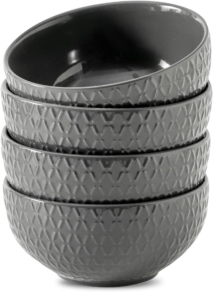 HASENSE Cereal Bowls Set of 4, 26 OZ Ceramic Soup Bowls,Stoneware Porcelain Cereal Bowls for Soup, Cereal, Oatmeal, Fruit, Salad, Embossed Pattern, Cereal Bowls for Kitchen & Home, Gray
