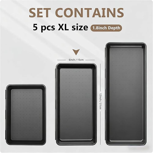 A-LUGEI【X-Large Size】【5 Pcs】 Tool Box Organizer Tray Divider【Single Size】 Black Plastic Desk Drawer Organizer Garage Organization for Wrench Plier Hammer Bit Socket Extension Screwdriver Bolt Hex key