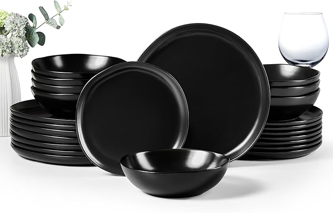 HaWare Dinnerware Sets, 24-Piece Stoneware Plates and Bowls Set, Dish Set for 8, Ceramic Dishware for Home Restaurant, Chip and Scratch Resistant, Microwave and Dishwasher Safe, Matte Black