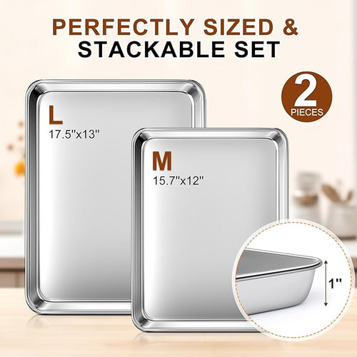 Baking Sheet Set of 2, Commercial Grade Stainless Steel Cookie Sheets for Baking, 17.5''x13'' / 15.7''x12'', Thicker and Firmer Baking Pans Set, Rust & Warp Resistant & Nonstick, Nontoxic & Heavy Duty