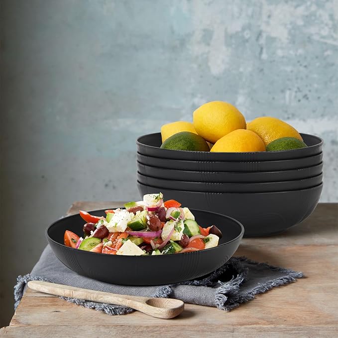 Wrova 10inch Wheat Straw Big Bowls Set of 6 - Large Salad Bowls 65oz set of 6 - Unbreakable Serving Bowls Microwave & Dishwasher Safe for restaurant - Big Plastic Bowls for Cereal,Salad - Black Series