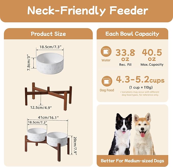 Havniva 7.3inch Ceramic Raised Double Bowls Set with Acacia Wood Stand, Food & Water Bowls for Medium Breed Dogs, Weighted Dog Dishes, Pet Bowl(41OZ, Arctic White)