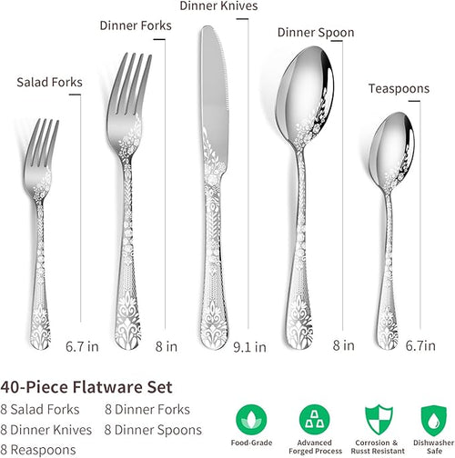 40 Piece Silverware Set, Stainless Steel Flatware Cutlery Set Service for 8, Mirror Polished Tableware Eating Utensils Set for Home Kitchen, Include Knife Fork Spoon Set, Dishwasher Safe