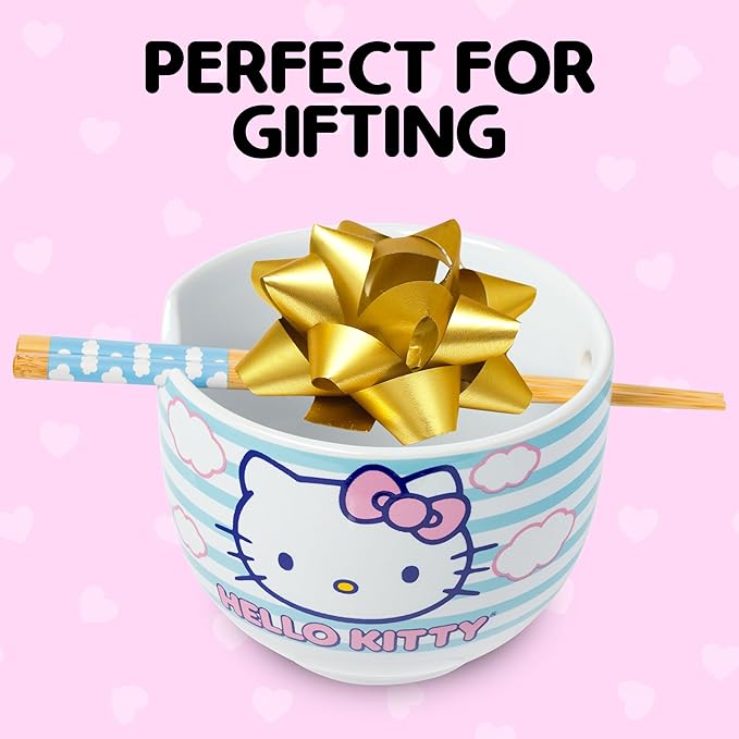 Silver Buffalo Sanrio Hello Kitty Blue and Pink Skies Ceramic Ramen Noodle Rice Bowl with Chopsticks, Microwave Safe, 20 Ounces