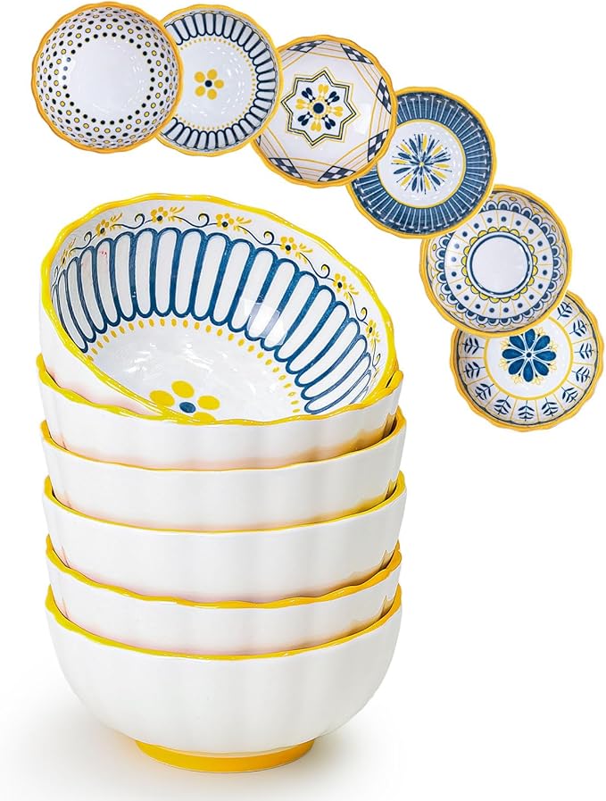 Yeacccng Bohemian Small Bowls Set of 6, 4 Inch Indented Grooved Ceramic Sauce Dishes, 7.5 Oz, Lead-Free, Scratch-Resistant, Oven/Microwave Safe, Ideal for Serving Sushi, Appetisers, Desserts, Ketchup