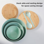 ECOWAY Salad Bowls Set of 3 with Lid & Serving Utensils, Bamboo Fiber Mixing Bowls Set Large Serving Bowls & Storage Set with Bamboo Lid for Salad, Kitchen Eating, Pasta, Popcorn, Chips, Fruit, Cyan
