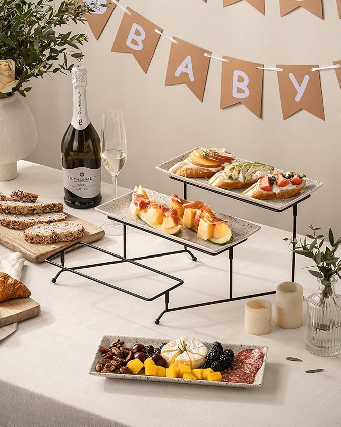 LAUCHUH 3 Tier Serving Tray, Porcelain Serving Platters and Trays for Party 12 Inch Tiered Tray Stand Cupcake Stand with Collapsible Sturdier Rack for Mother's Day Serving Food, Speckled Glaze