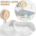 Double Layer Soap Dish for Shower 2 Pack, Wall Mounted Bar Soap Holder Suction Cup 2 Layer Self Draining Soap Case Sponge Holder for Shower Bathroom, Tub and Kitchen Sink, White