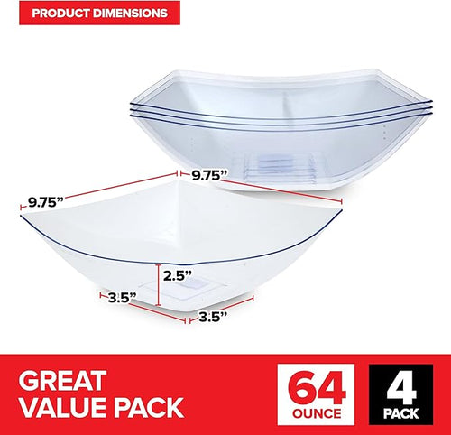64oz Clear Plastic Serving Bowls (4 Pack) Large Disposable Candy Dishes, Square Plastic Buffet Containers for Chips, Snacks, Mints, Salad Bar, Snack Bowl Parties, Office, Bridal Shower, Party Supplies