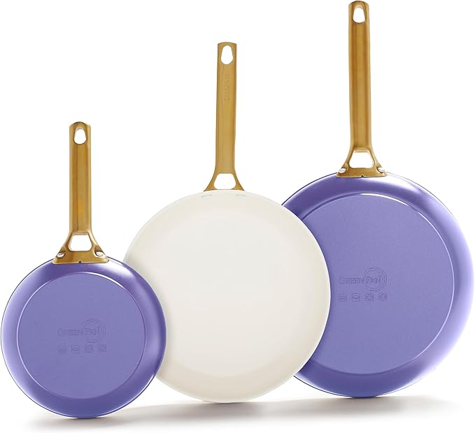 GreenPan Hard Anodized Healthy Ceramic Nonstick 8" 10" & 12" 3 Piece Frying Pan Skillet Set, Gold Handle, PFAS-Free, Dishwasher Safe, Oven Safe, Periwinkle