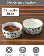 UBEE Ceramic Dog Bowl Set of 2, 6.5 inch Dog Food Bowl Dish with Bone Paw Pattern, Pet Food Water Dish Feeding for Small and Meidum Dogs and Large Cat, White