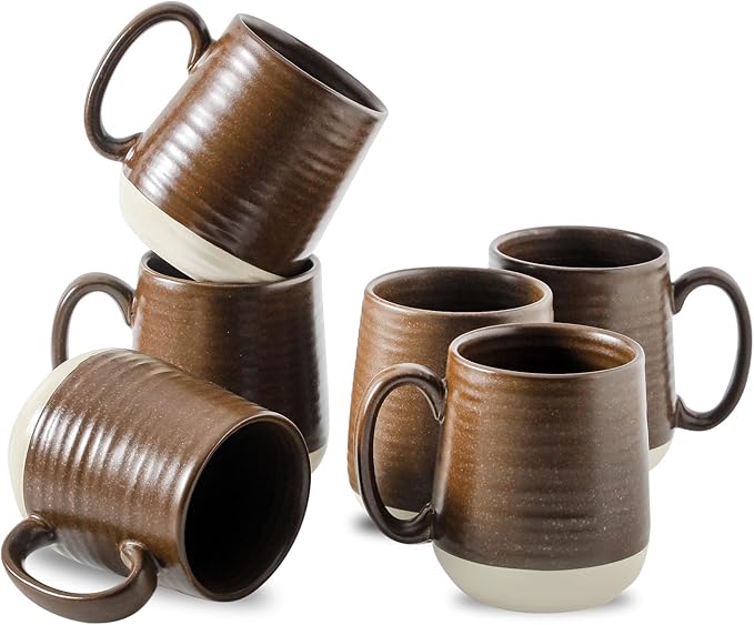HASENSE Ceramic Coffee Mugs Set of 6, 15oz Large Coffee Mugs with Handle, Porcelain Coffee Cups for Coffee, Tea, Latte & Cappuccino, Microwave & Dishwasher Safe,Brown
