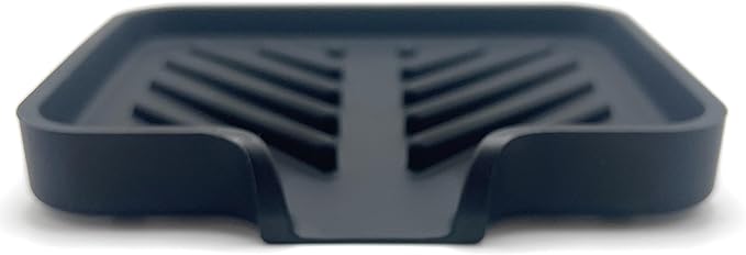 Happitasa Silicone Soap Dish Tray and Sponge Holder with Drain Chute and Feet | 3-Way Sloped Design | Bathroom and Kitchen Sink Organizer Caddy (Black, 5"x4", 3.5 Ounces)
