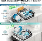 GSlife Large Capacity Expandable Dish Drying Rack with Absorbent Mat, 2-Piece Stainless Steel Dish Drainer Set for Counter with Removable Over Sink Rack, Family Size 15" W x 16.5"-21.5" L, Silver