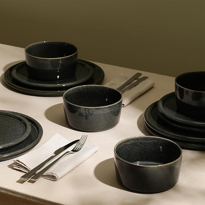 Stone Lain Eden 24-Piece Dinnerware Set Stoneware, Plates and Bowls Set, Dishwasher and Microwave Safe Dish, Dish Set for 8, Charcoal Grey