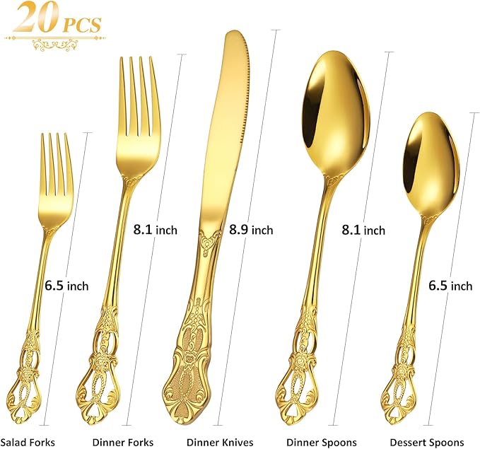 20 Pieces Gold Gorgeous Retro Silverware Set For 4, Flatware Set 18/0 Stainless Steel,Service for 4,Anti-rust Dark Utensils Fork Spoon Knife,Antique Baroque Style Cutlery Set,Dishwasher Safe