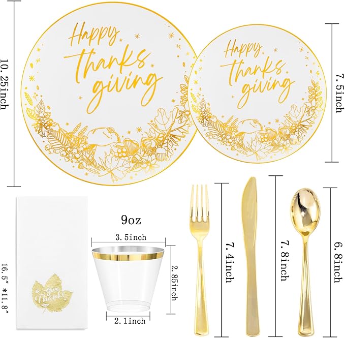 Hioasis 175pcs Thanksgiving Plastic Plates - Elegant Disposable Dinnerware Set Suitable for 25 Guests Include 10.25" Dinner & 7.5" Dessert Plates, Knives,Forks,Spoons, Cups,Napkins for Thanksgiving