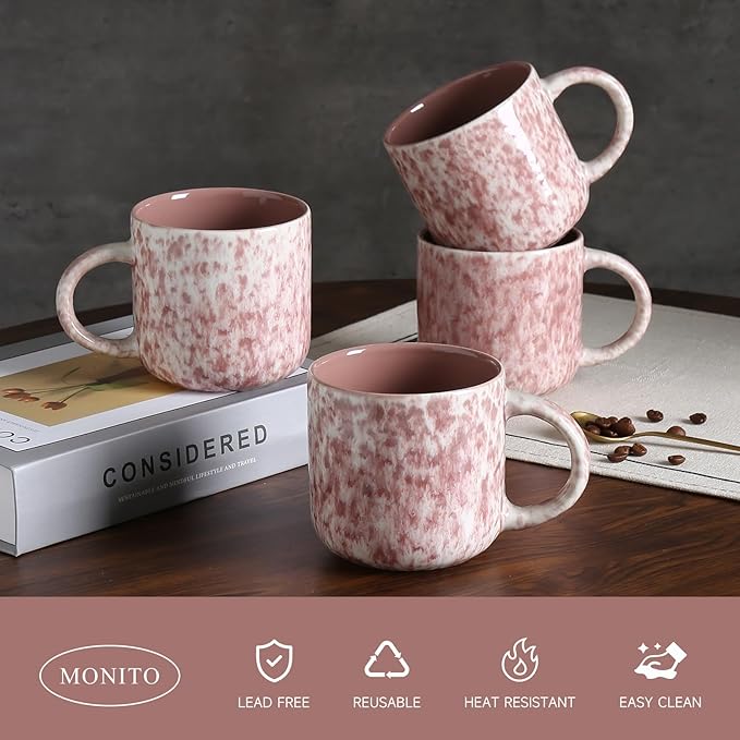 MONITO 12 OZ Coffee Mugs Set of 4, Ceramic Coffee Mugs,Modern Coffee Mugs Set with handle for Tea/Latte/Cappuccino/Milk/Cocoa. (Red, 4 Count（Pack of 1）)