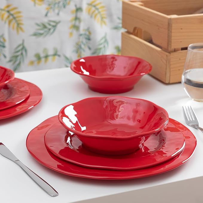 LEHAHA Red Melamine Dinnerware Sets, 18-Piece Melamine Dishes Set, Lightweight and Chip Resistant, Durable Plates and Bowls Set, Safe for Daily Use, Dishwasher Safe, Service for 6