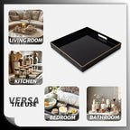 MAONAME Decorative Tray, Black Serving Tray with Handles, Coffee Table Trays, Square Plastic Trays for Ottoman, Bathroom, Kitchen, 13" x 13" x 1.57"