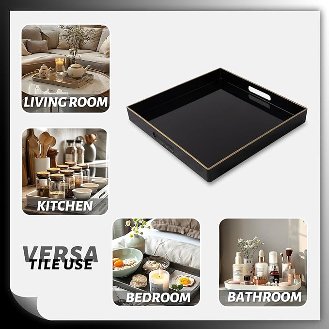 MAONAME Decorative Tray, Black Serving Tray with Handles, Coffee Table Trays, Square Plastic Trays for Ottoman, Bathroom, Kitchen, 13" x 13" x 1.57"