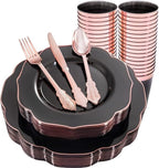 BUCLA 30Guests Clear Black Plastic Plates With Rose Gold Silverware & Cups - Rose Gold Rim Plastic Dinnerware Ideal for Party & Mother's Day