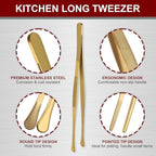 12 Inch & 10 Inch Fine Long Tweezers Tongs Stainless Steel, Gold Professional Kitchen Tweezers Tongs for Cooking, BBQ, Plating, Repairing (Pack of 4)