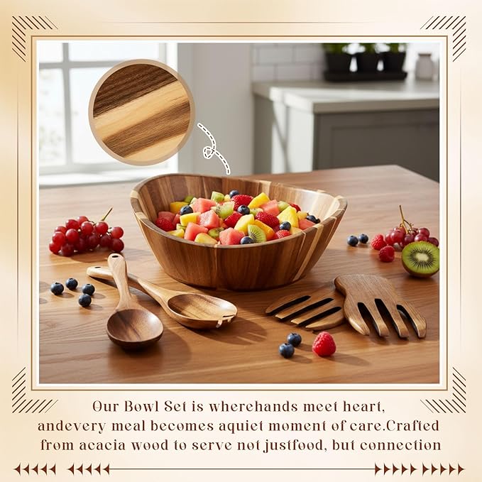 LemonRoad Wooden Salad Bowls Set 12 inch Wavy Large Acacia Wood Serving Bowl with 2 Wooden Hands 2 Utensils Fork Spoon for Fruit, Salad, Cereal, Corn flake, Pasta, Food (Regular Shaped)