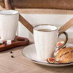 Ceramic Coffee Mug Set - 16 Oz Large Coffee Mugs - Embossed Stoneware Cups with Handle for Latte Tea Cappuccino Cocoa - Microwave Dishwasher Safe - Set of 4 - Square Pattern