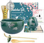 Matcha Whisk Set, Ceramic Matcha Kit Set Includes Matcha Bowl, Matcha Whisk and Holder, Bamboo Scoop and Spoon, Scoop Rest, Sifter and Tea Towel - 8 Pcs Matcha Kit for Matcha Lovers, Green
