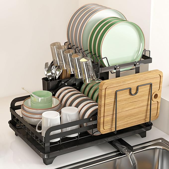 2 Tier Metal Dish Drying Rack Without Installation Sturdy Dish Racks for Kitchen Counter with Drain Board Multifunctional Storage and Drainage Apartment Essentials Medium Size