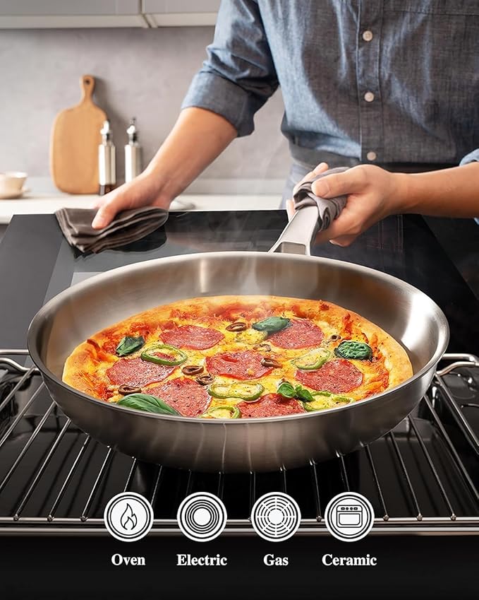 Stainless Steel Pan, PFOA & PTFE Free 12 Inch Tri-Ply Chef's Frying Pan, Dishwasher & Oven Safe Cookware, skillet Compatible with Induction, Ceramic & Gas Cooktops