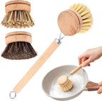Bamboo Dish Brush Set, 1 Wooden Handle with 3 Natural Bristle Heads All Purpose Kitchen Scrub Brush with Sisal and Palm Horsehair for Cleaning Dishes Pans Vegetables(Color:Wood)