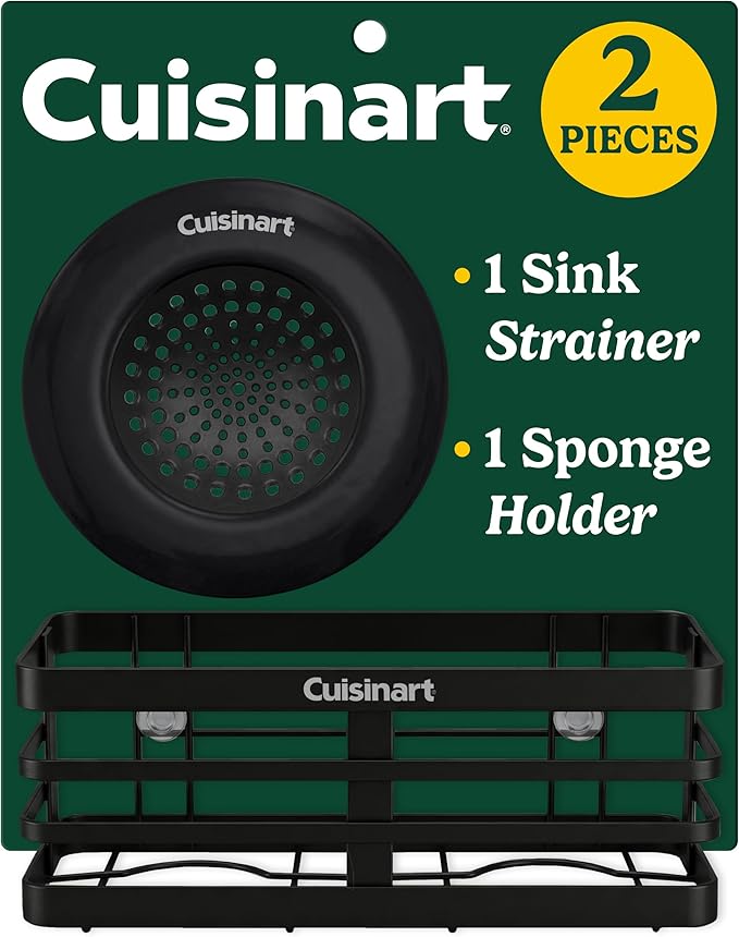 Cuisinart 2 Piece Sink Set – Sink Drain Strainer with Stainless Steel Rim & Silicone Mesh Base & Sponge Holder for Kitchen Sink, Metal Caddy with Triple Suction Cups, Daily Kitchen Essentials